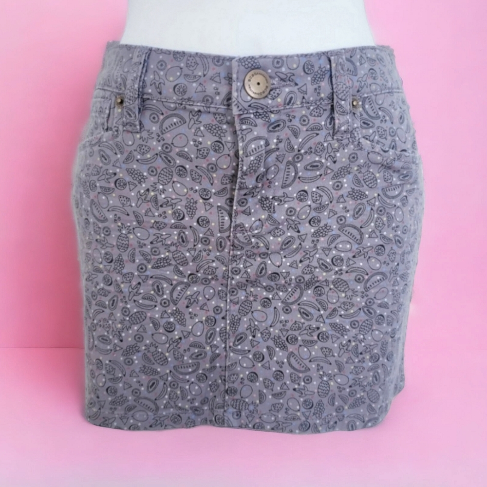 Y2K Denim Mini Skirt for Summer, BCBG Jean Skirt, Fruit Print Fabric